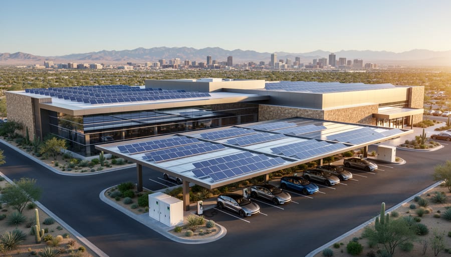 Elevated view of a modern casino resort with solar panels covering the roof and parking canopies at golden hour, with desert mountains and a sparse skyline in the background; electric vehicles parked beneath the canopies, no visible signage.