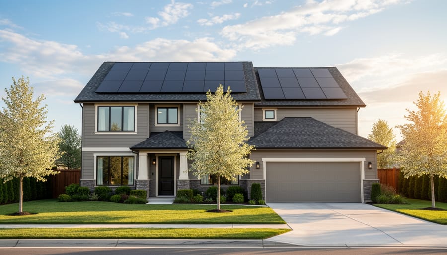 Eye-level view of a modern suburban house with black solar panels on a clean roof, lit by golden hour sunlight, with a manicured lawn and tidy driveway.