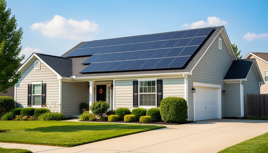 Modern suburban home with solar panels installed on roof
