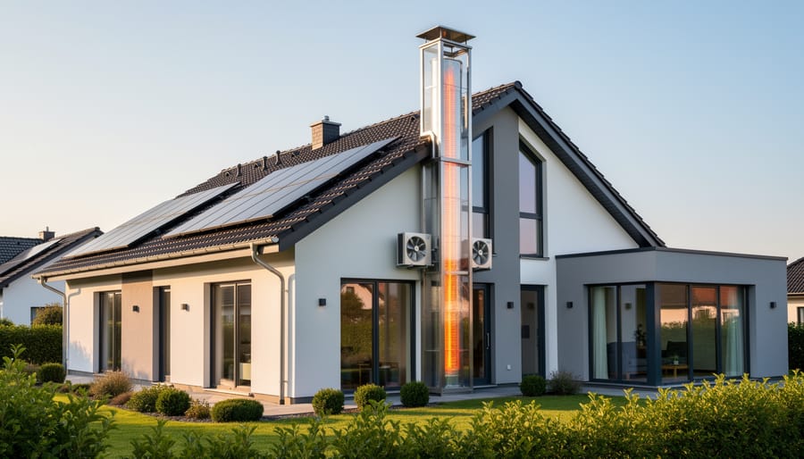 Residential home exterior showing solar chimney fan installed on rooftop chimney