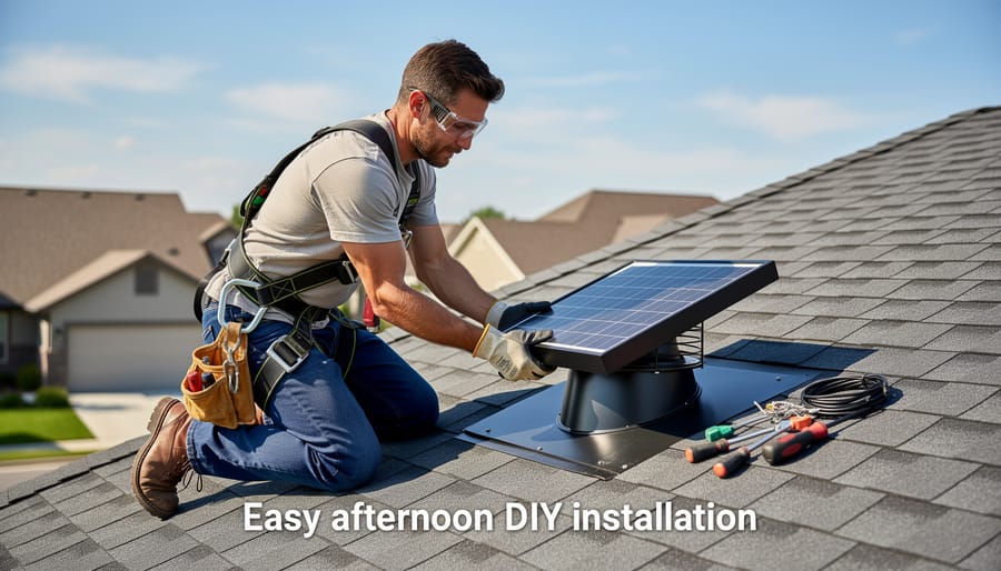 Homeowner installing solar chimney fan on rooftop chimney