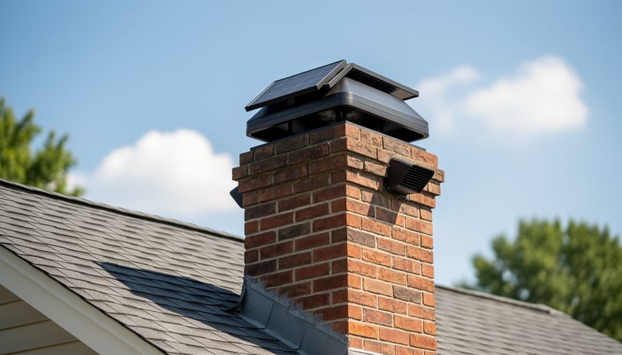 Solar chimney fan with integrated solar panel installed on brick chimney