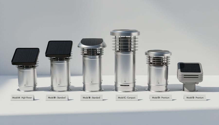 Comparison of three solar chimney fan models showing different sizes and designs