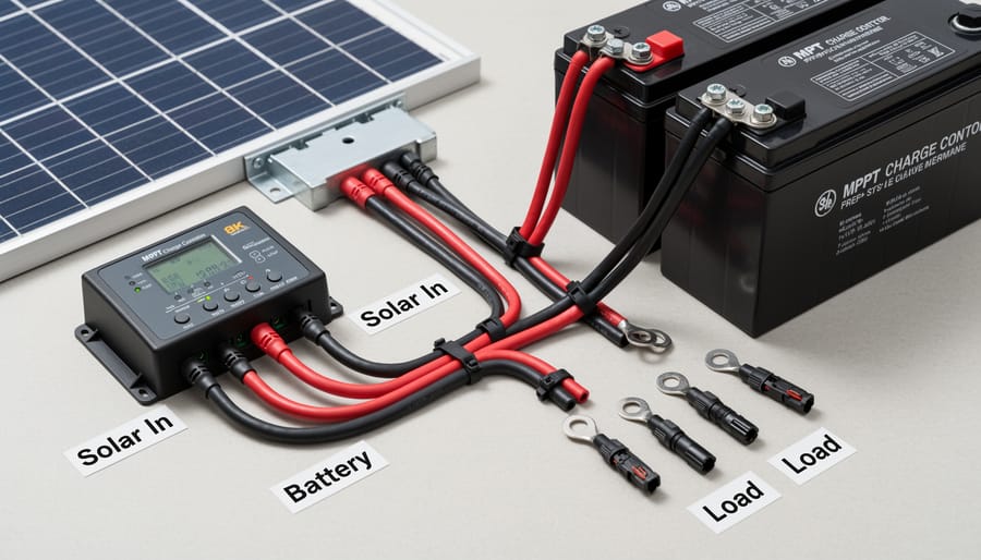 Workshop close-up showing a battery with connected solar charger cables and a charge controller.