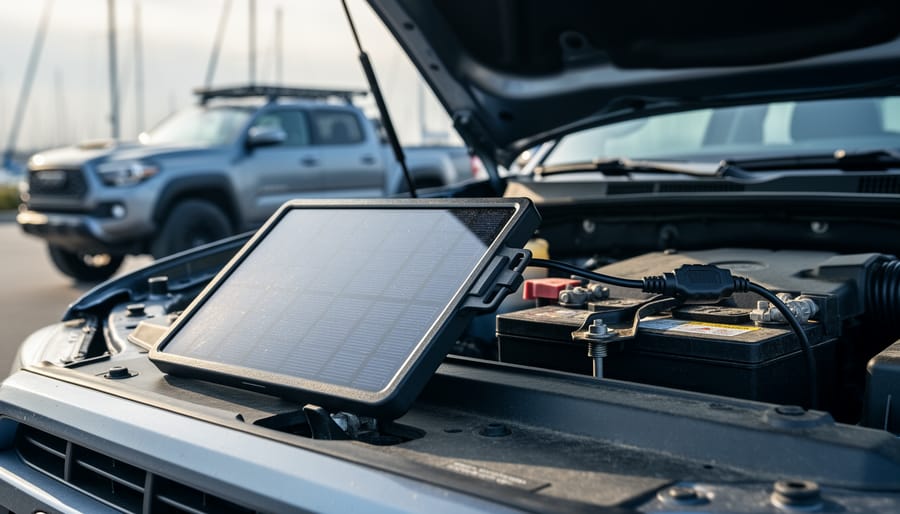 Close-up of a solar battery charger panel connected to a vehicle battery in an engine bay, with off-grid vehicles softly blurred in the background.
