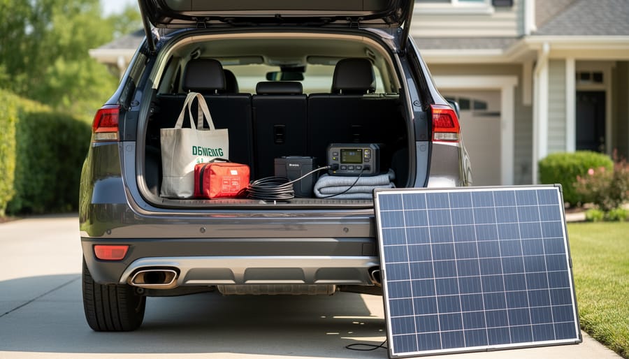 Solar battery charger mounted outdoors next to a vehicle battery with the solar panel facing the sky.