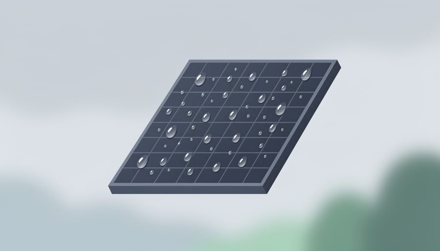 Close-up of a solar panel surface with water droplets beading on the glass in rainy outdoor conditions.