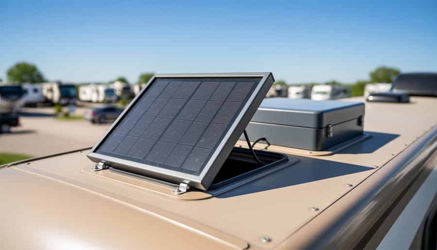 Close-up view of a solar battery maintainer mounted on an RV roof with a cable connected to the battery compartment, shown in bright outdoor daylight.