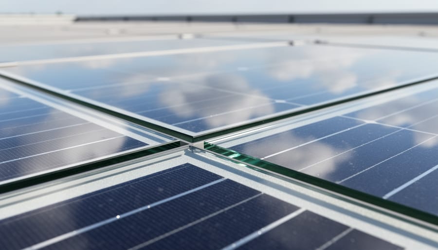 Close-up macro view of a bifacial solar panel surface mounted on a fence frame