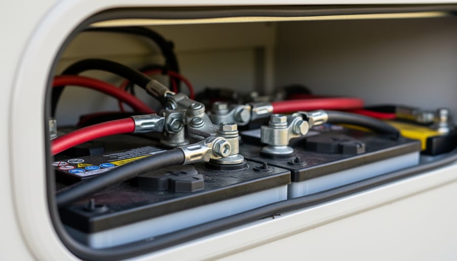 Close-up of RV battery terminals with a connected solar battery maintainer cable and clamps.