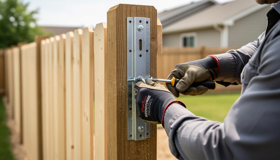 Installer fastening a vertical solar panel onto a fence using a cordless drill