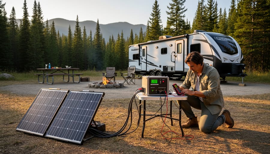 RV in a campground with solar panels powering a battery maintainer setup without visible shore power.