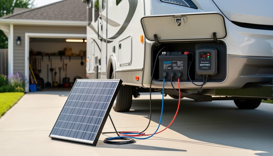 RV parked with solar battery charger cables connected to the battery compartment and nearby solar panel.