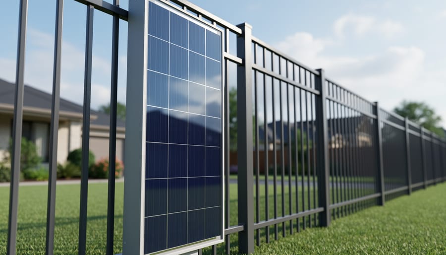 Vertical-mount bifacial solar panel installed on a metal fence line in bright daylight, with a suburban yard blurred in the background.