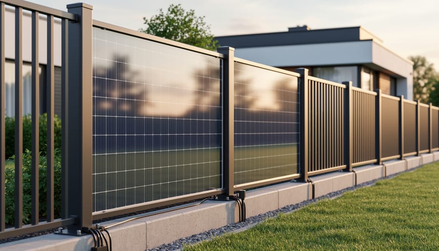 Vertical solar panels mounted on a residential fence during golden hour