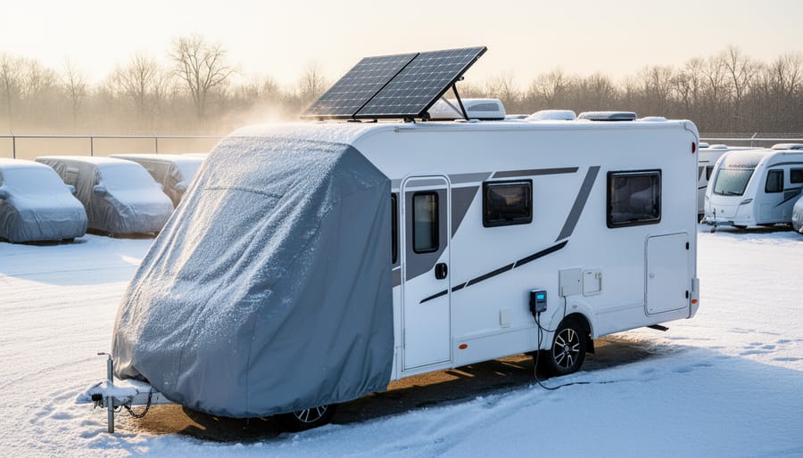 Weatherproof solar battery maintainer mounted on an RV during snowy winter storage.