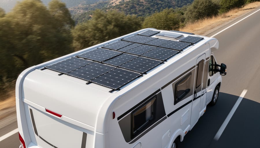 Flexible solar panels mounted on a curved RV roof in golden hour sunlight