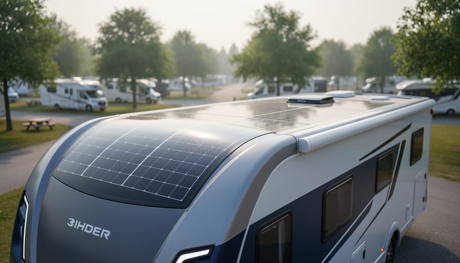 RV with thin flexible solar panels installed along the curved roof in an outdoor campground setting.