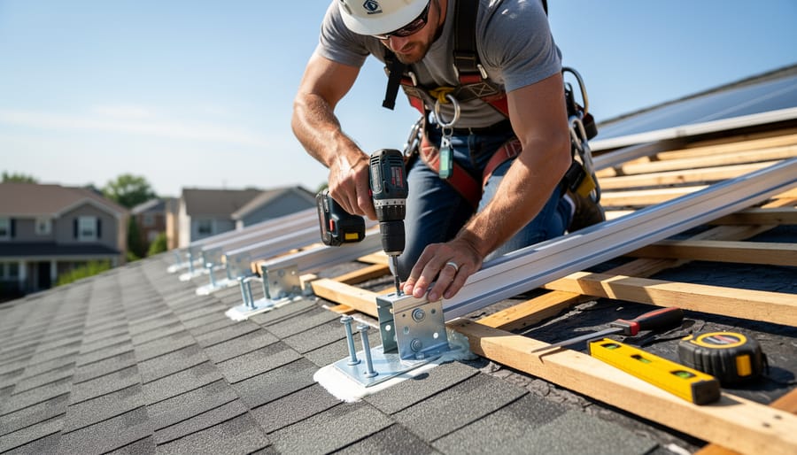 Gloved technician installing solar mounting brackets on an RV roof