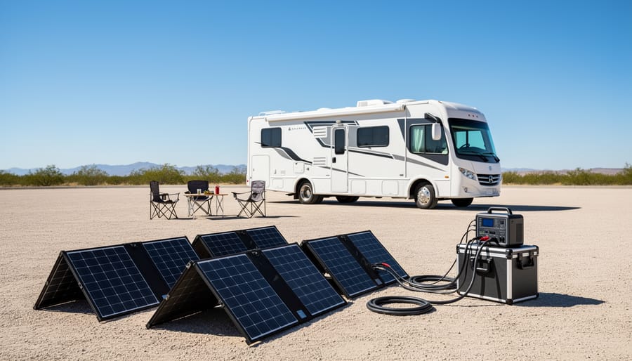 Portable suitcase solar panels opened on the ground next to an RV at an outdoor campsite