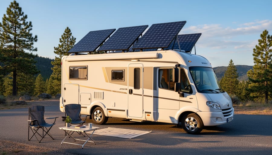 RV parked at a campsite with roof-mounted solar panels and warm interior lighting visible through the window