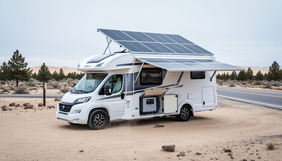 RV parked at a roadside campsite with solar panels deployed on the roof and solar power equipment near an open compartment for off-grid energy.
