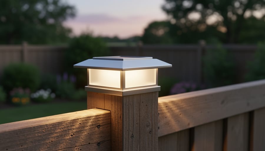 Person installing colorful solar fence lights on a fence post in daylight