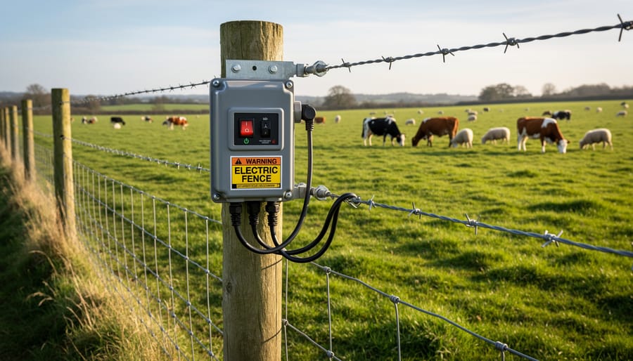 Electric fence energizer mounted on a rural wooden fence with insulators along the perimeter