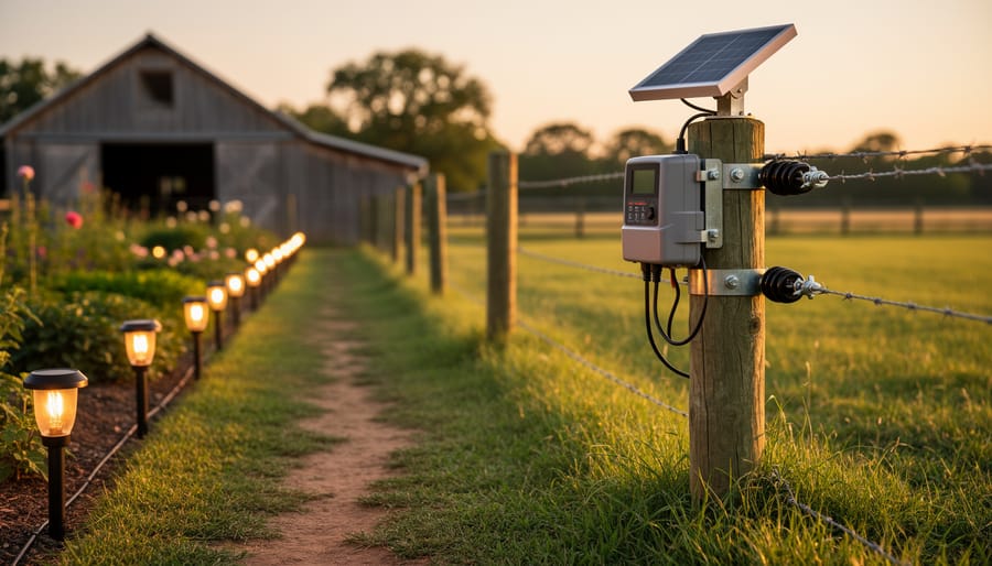 “Decorative solar fence lights glowing along a walkway next to a solar electric fence energizer mounted on livestock fencing in a rural yard.”