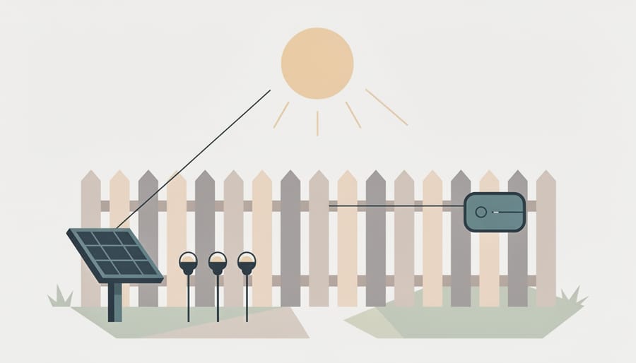Solar panel mounted near a fence capturing sunlight with visible rays and reflections
