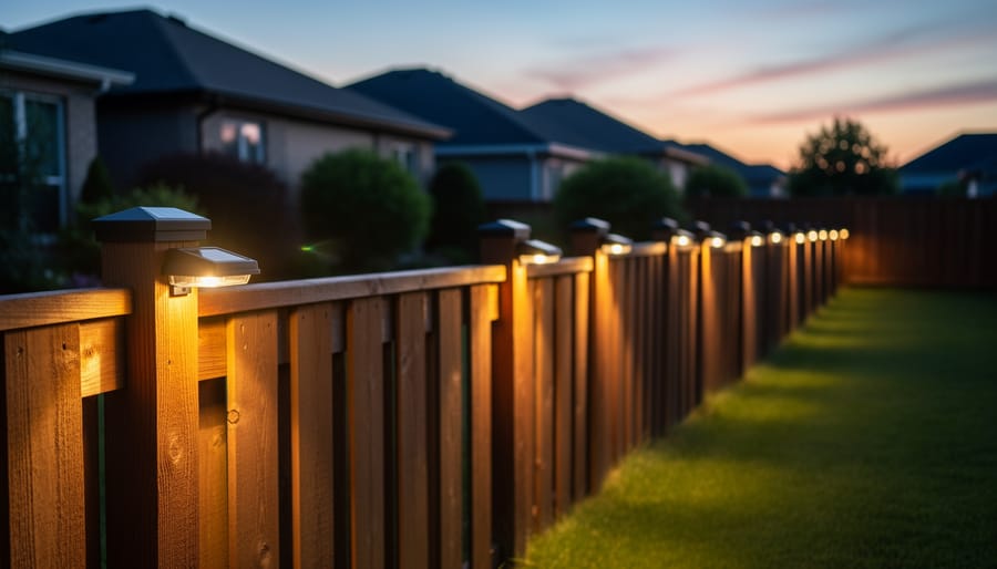 Solar post-cap lights glowing along a residential wooden fence at dusk