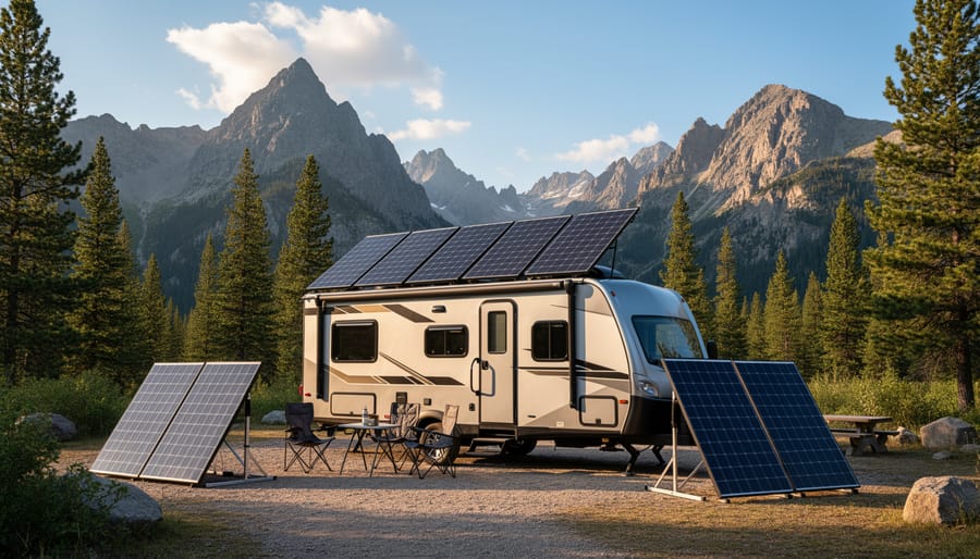 Camping trailer with rooftop solar panels at a scenic outdoor overlook
