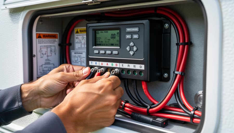 Close-up of a hand connecting solar panel cables to a camping trailer charge controller