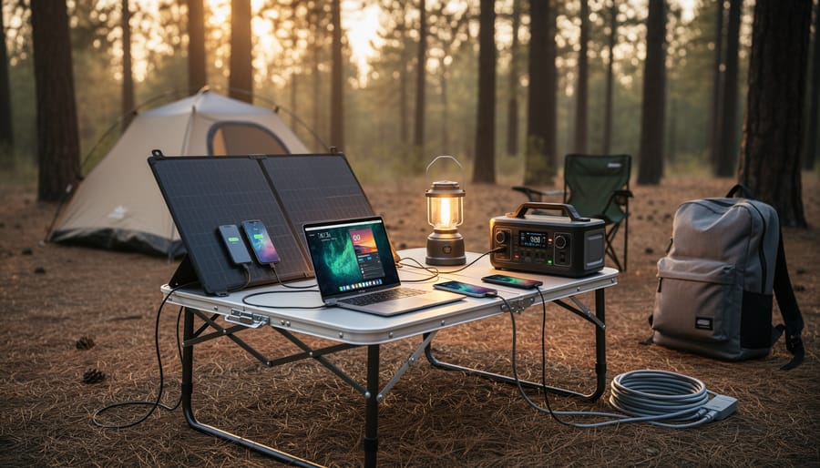 Portable solar panel powering devices at a campsite next to a power station