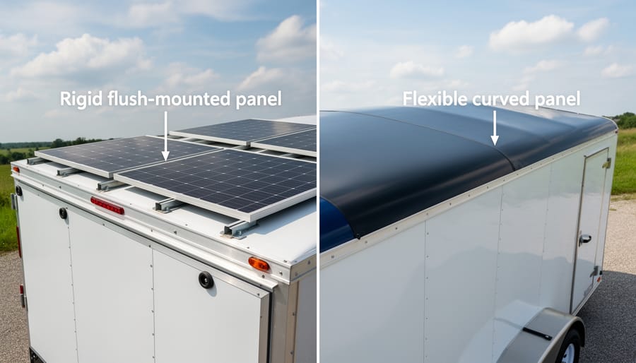 Camping trailer roof showing rigid flush-mounted and flexible conforming solar panels