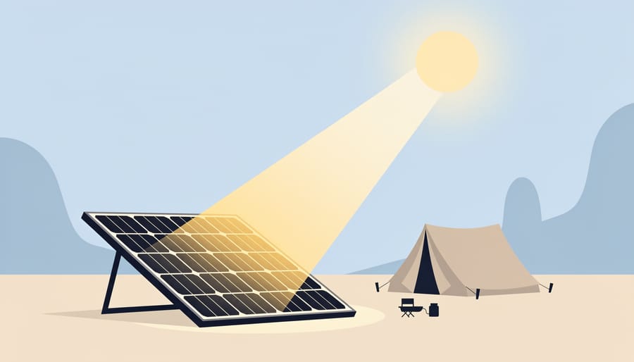 Sunlight illuminating a rooftop solar panel on a camping trailer
