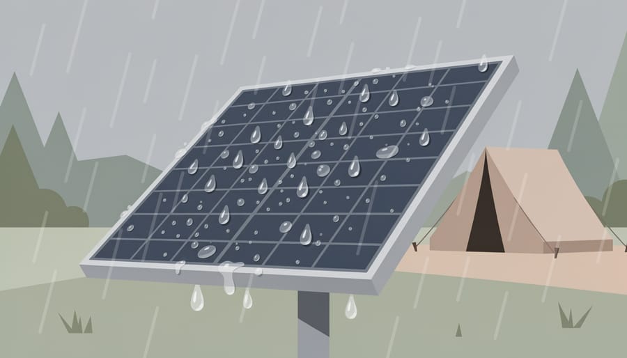 Water beading on a weather-resistant solar panel mounted on a camping trailer